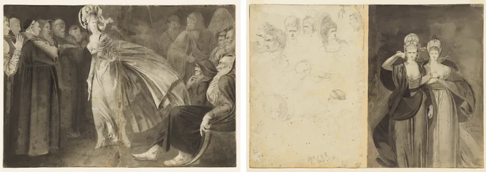 Femme debout parmi les frères (recto) Esquisses de têtes (verso, gauche); Deux femmes (verso, droite)