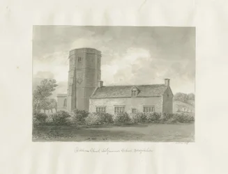Dilhorne - Église et école secondaire : dessin sépia