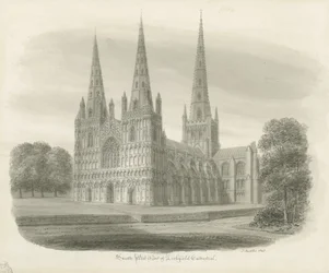Cathédrale de Lichfield - Vue sud-ouest : dessin sépia
