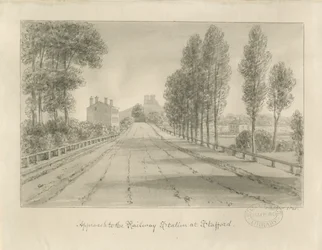 Stafford - Approche de la gare : dessin sépia