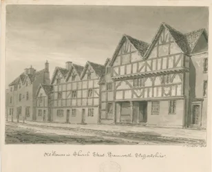 Tamworth - Vieilles maisons dans Church Street : dessin au lavis sépia, 1838