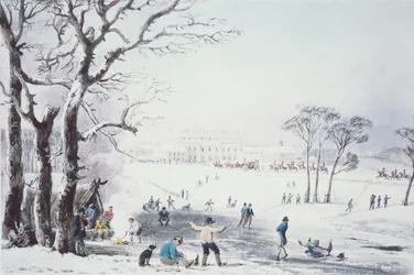 Vue de Buckingham House et St James Park en hiver, pub. par R. Havell et Sons, 1810