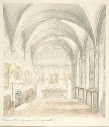 Château de Lea, Worcestershire, salle à manger regardant vers le sud, vers 1816