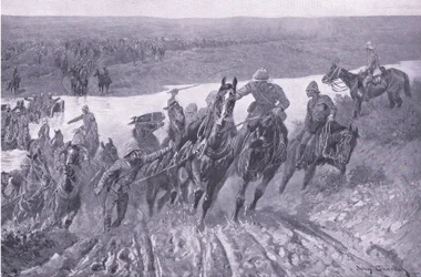 Artillerie traversant le Caledon à Karreepoort Drift, illustration de Après Pretoria : La Guerre de guérilla