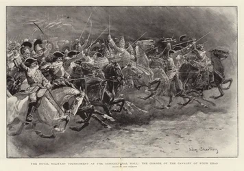 Le tournoi militaire royal au Agricultural Hall, la charge de la cavalerie de quatre époques