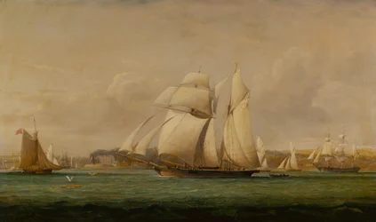 Un brick-goélette, deux cutters du Royal Yacht Squadron et un navire marchand américain