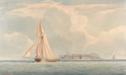 Bateau naviguant vers la gauche avec île en arrière-plan