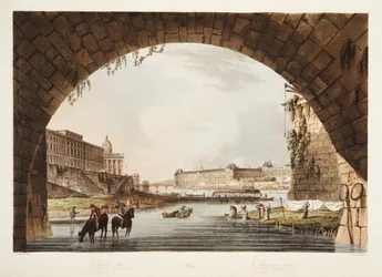 Le Louvre; la Monnaie; le Collège des 4 Nations; le Pont de la Réunion, illustration tirée de Versailles, Paris et Saint-Denis, publiée en 1805