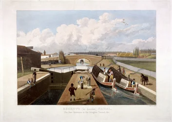 Canal de Regent, avec des barges, Islington, Londres