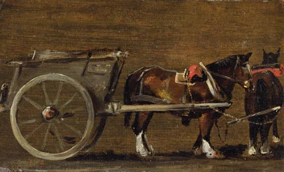 Un chariot de ferme avec deux chevaux attelés : une étude pour le chariot dans 