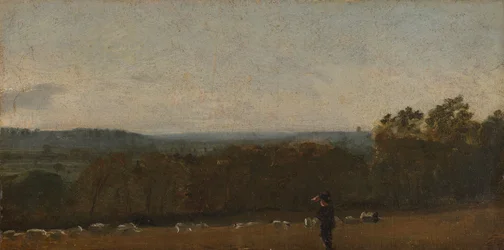 Un berger dans un paysage regardant à travers Dedham Vale vers Langham