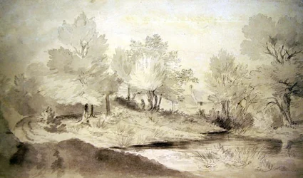 Étang du Suffolk, avec des cottages au loin