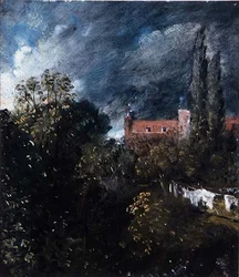 Vue dans un jardin avec une maison rouge au-delà