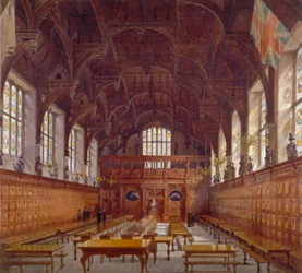 Vue intérieure de Middle Temple Hall depuis la grande table avec des figures, Londres, 1884
