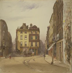 Vue de Wych Street et Holywell Street, Westminster montrant la taverne Rising Sun, 1881