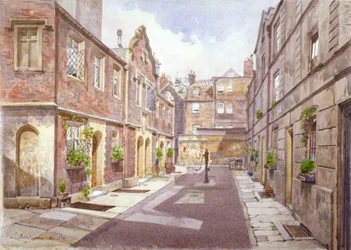 Vue des hospices de Cock Court, Jewry Street, Cité de Londres, 1886.