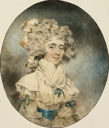 Portrait de Mme Fisher, demi-longueur, en robe blanche ornée de rubans bleus