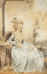Portrait de la reine Charlotte, assise à une table avec un paysage au-delà, 1784
