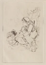 Fille assise et grand oiseau