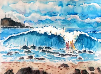 Surfeurs sur les grosses vagues