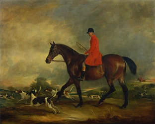 Le capitaine Garth sur son chasseur bai avec des chiens