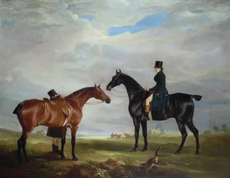 Frank Hall Standish sur son cheval de chasse noir avec un palefrenier et un second cheval