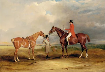 Portrait de John Drummond sur un chasseur avec un palefrenier tenant son deuxième cheval, dans un paysage, une partie de chasse au-delà