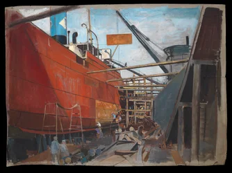 Vapeur en cale sèche montrant des ouvriers peignant sa coque