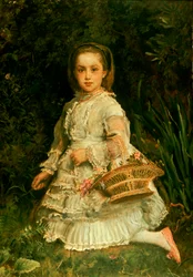 Portrait de Gracia, en pied, portant une robe blanche, cueillant des fleurs sauvages
