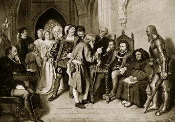 Jacques IV en conseil avant la bataille de Flodden, 1513, illustration tirée de « Hutchinson