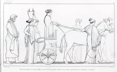 Nausicaa, qui vient de rencontrer Ulysse, le ramène au palais de son père, le roi Alcinoos. Dessin de John Flaxman (1755 - 1826). Odyssée d