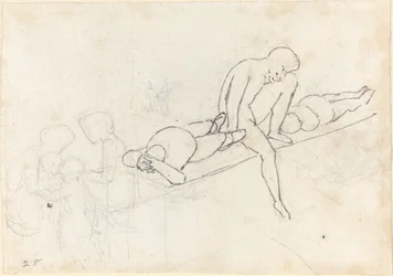 Homme assis flanqué de deux figures allongées ; Groupe de figures dans le coin inférieur gauche