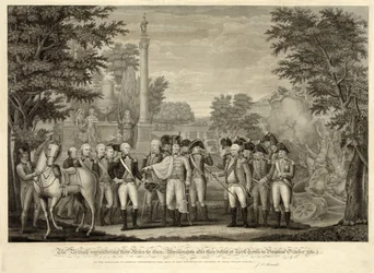 La reddition des armes britanniques au général Washington après leur défaite à Yorktown en Virginie, octobre 1781, pub. 1819 (gravure)