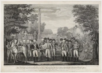 La reddition des armes britanniques au général Washington après leur défaite à York Town en Virginie, octobre 1781