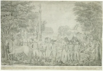 Les Britanniques remettant leurs armes au général Washington après leur défaite à Yorktown en Virginie, octobre 1781