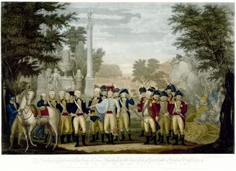 Les Britanniques remettant leurs armes au général Washington après leur défaite à Yorktown en Virginie, octobre 1781