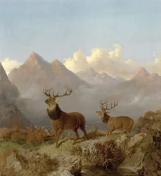 (détail) Cerfs et biches dans un paysage de montagne, 1864