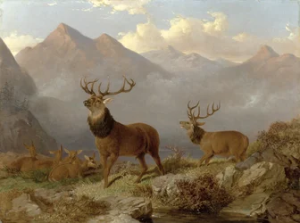 Cerfs et biches dans un paysage des Highlands, 1864