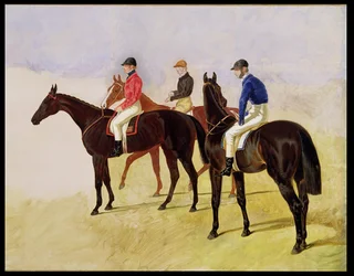 Étude de trois champions de steeple-chase : Allen McDonough sur Brunette, Tom Oliver sur Discount et Jem Mason sur Lottery, ou trois chevaux de course montés par des jockeys