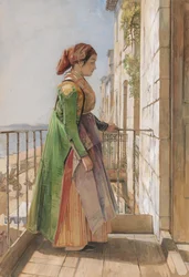 Une fille grecque debout sur un balcon