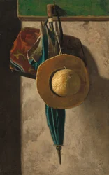 Chapeau de paille, sac et parapluie