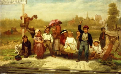 Attention à la locomotive pendant que la cloche sonne, 1863