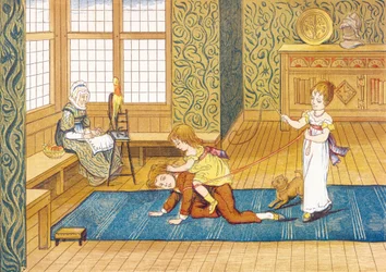 Temps de jeu - trois enfants jouent, le plus jeune monte sur le dos de son frère, attaché à un renne tenu par sa sœur, dans un salon, près de leur grand-mère qui file la laine - Extrait de l