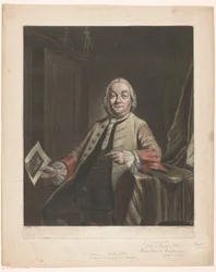 Portrait de Simon Fokke tenant la gravure du pillage de la maison de Gerrit Hagedooren, 1751