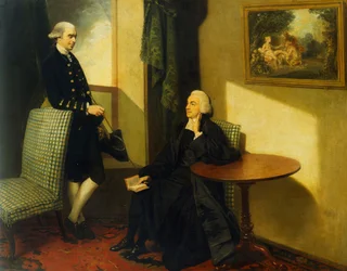Double portrait du révérend John Cocks et de James Cocks, tous deux représentés en pied dans un petit format, le premier en habit ecclésiastique assis sur une chaise rembourrée bleue et blanche, le second en manteau et gilet bleus appuyé contre une chaise