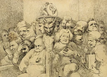 Personnages littéraires assemblés autour du médaillon de Shakespeare