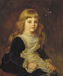 Portrait de Sophie Beatrix Mary Cadogan, assise en pied aux trois quarts, dans une robe noire avec tablier bordé de dentelle