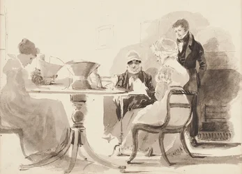 Homme debout à une table avec trois femmes assises