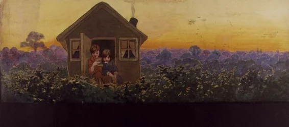 Les Cimes des arbres au coucher du soleil un an plus tard : Peter dans la petite maison avec Wendy lors de sa visite annuelle de nettoyage de printemps, Illustration de 