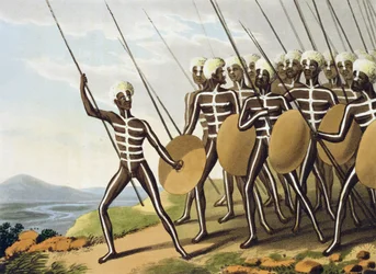 Guerriers de Nouvelle-Galles du Sud, gravé par Matthew Dubourg, publié par Edward Orme, 1813